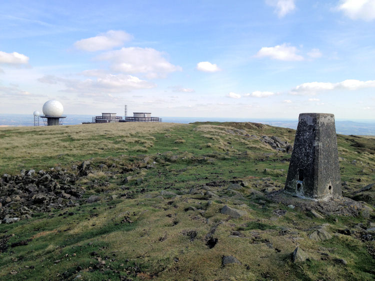Titterstone Clee summit (533m), triangulation station and radars