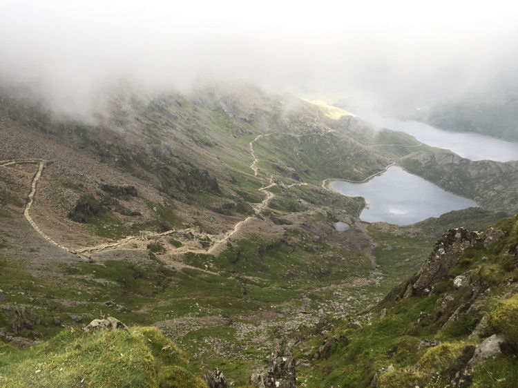 Looking down at the Pyg Track and the Miners' Track