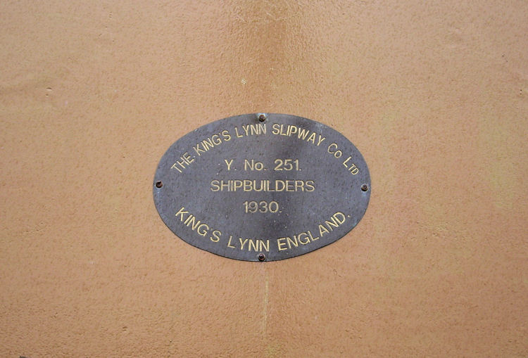 The shipbuilder's plate on the front of the wheelhouse