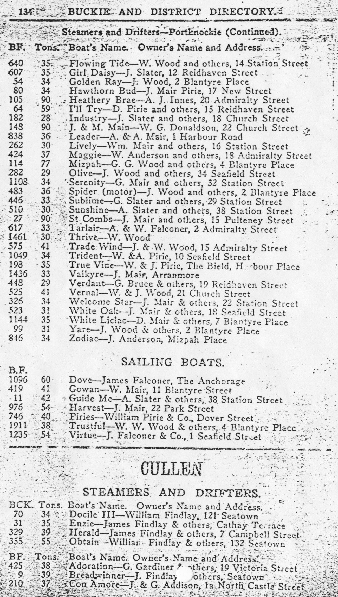 Buckie and District Directory 1926, page 134, Steamers and Drifters