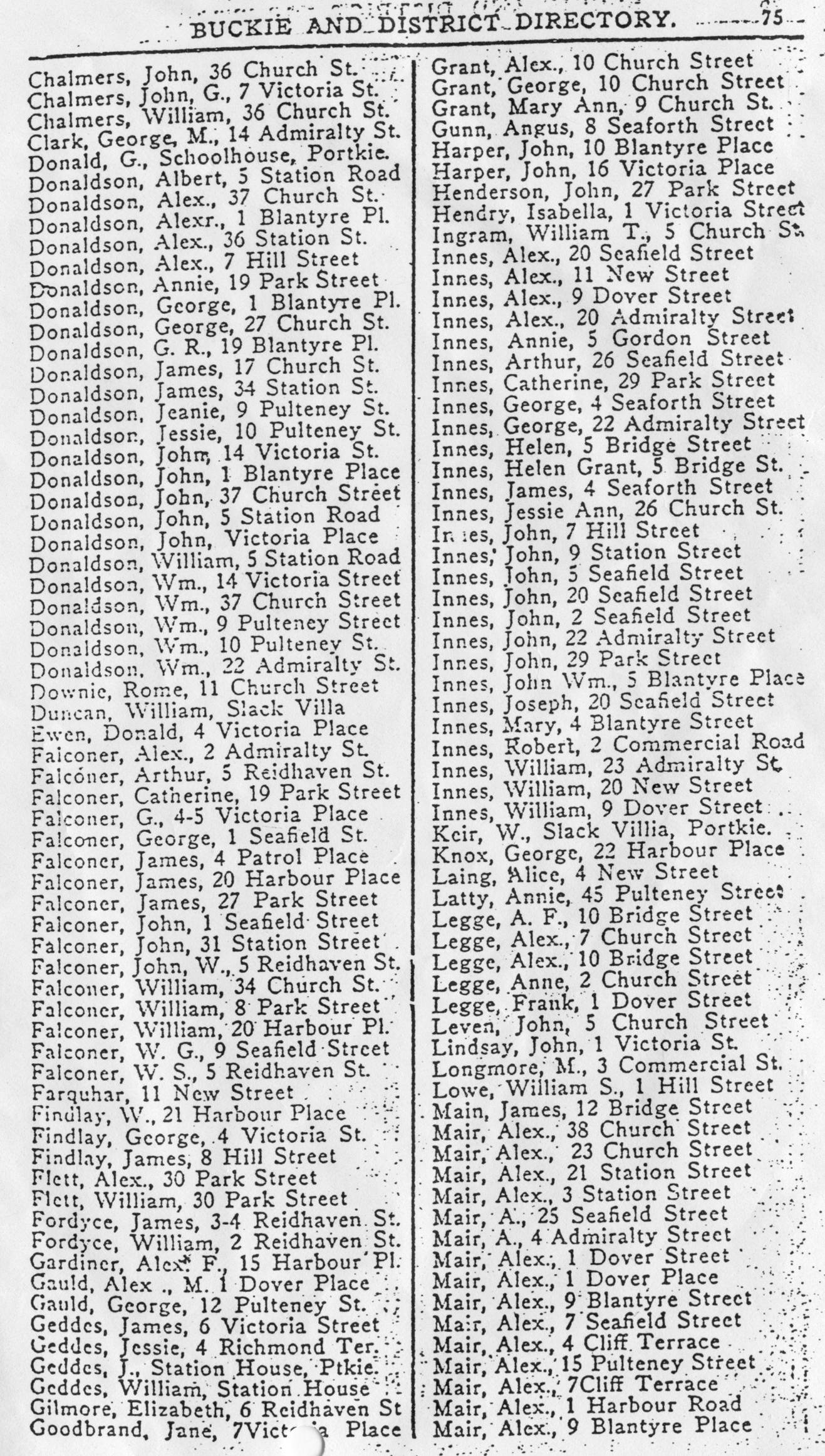 Buckie and District Directory 1926, page 75, Portknockie A-Z